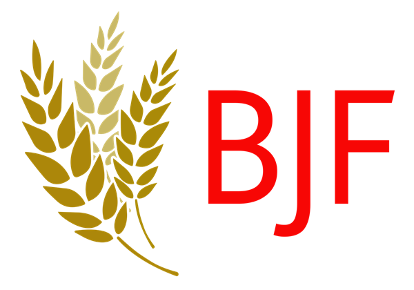 Logo with gold leaves and red 'BJF' letters on a white background