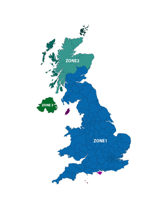 Map of the United Kingdom with three zones colored in blue, green, and purple.